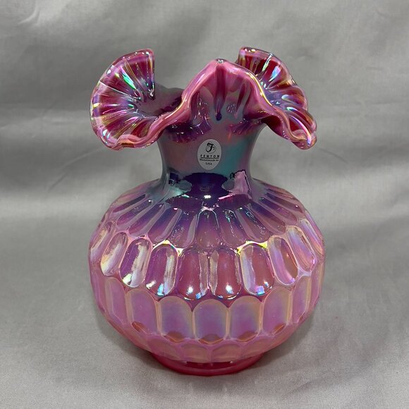 Vtg Frank Fenton Art Glass Plum Pink Carnival Iridescent Thumbprint Vase Signed - Picture 5 of 15